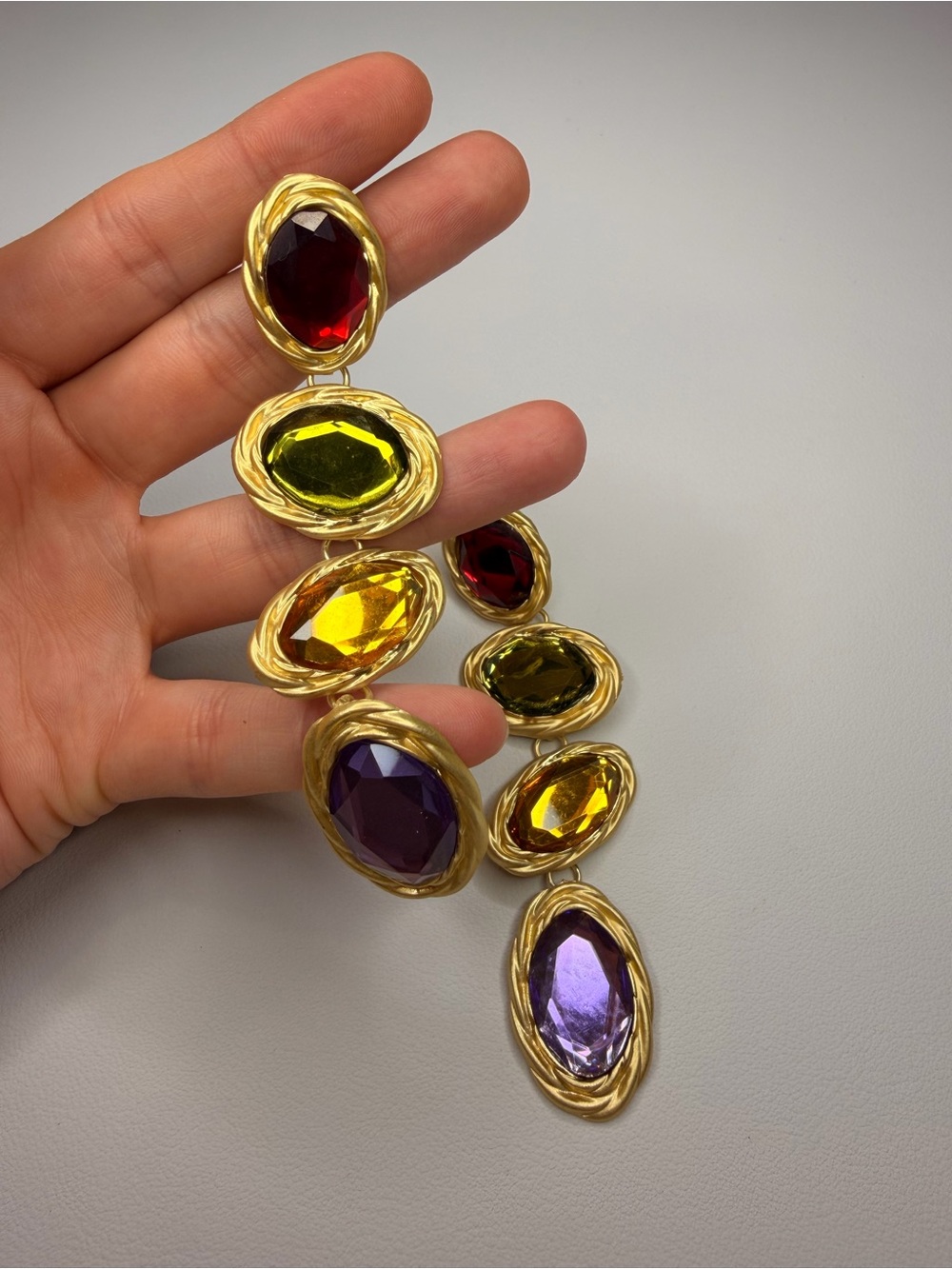 Goldtone Drop Earrings with Red, Yellow, Orange & Purple Stones - Picture 4 of 9
